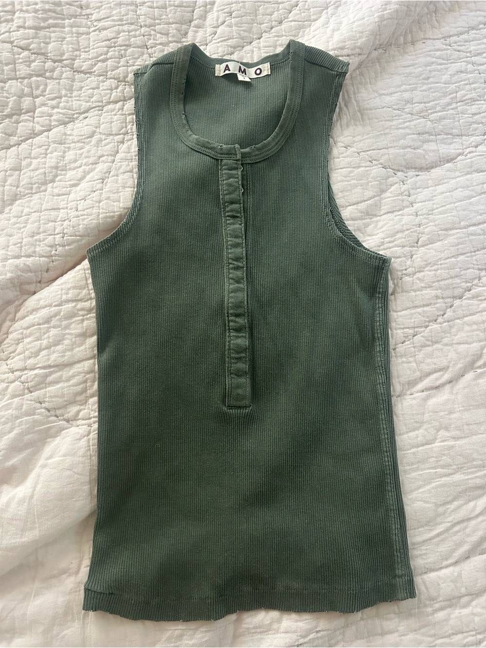 AMO Sleeveless Ribbed Henley Tank in Forest Green